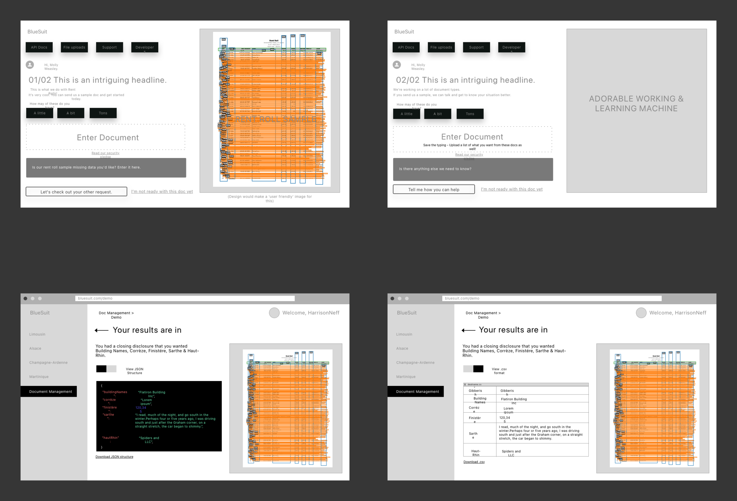 Wireframes showing roughly blocked out screens with rectangles, squiggles and placeholder copy