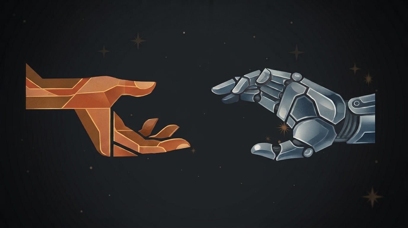Gemini generated image of a human hand on the left, reaching out towards a robot hand on the right