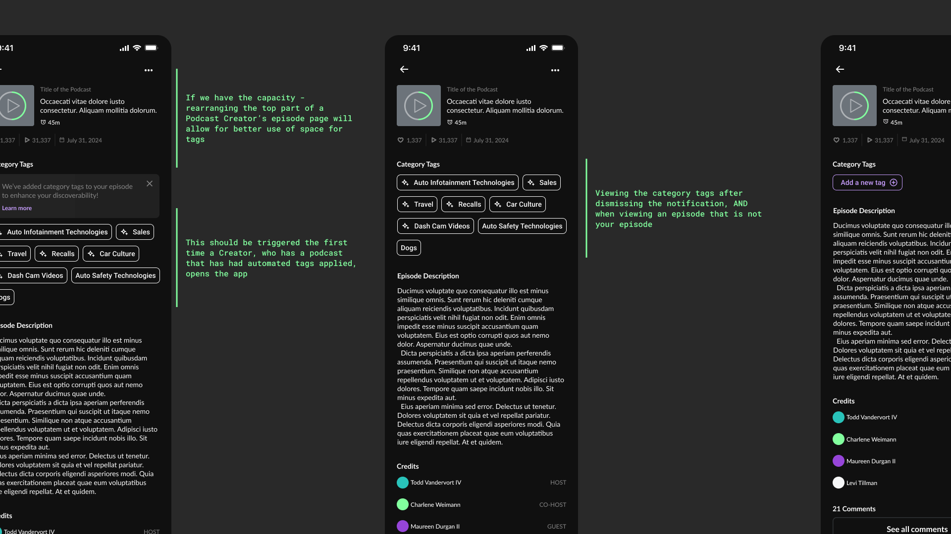 A shot of three wireframed screens for a mobile app, in dark mode, annotated with green lettering